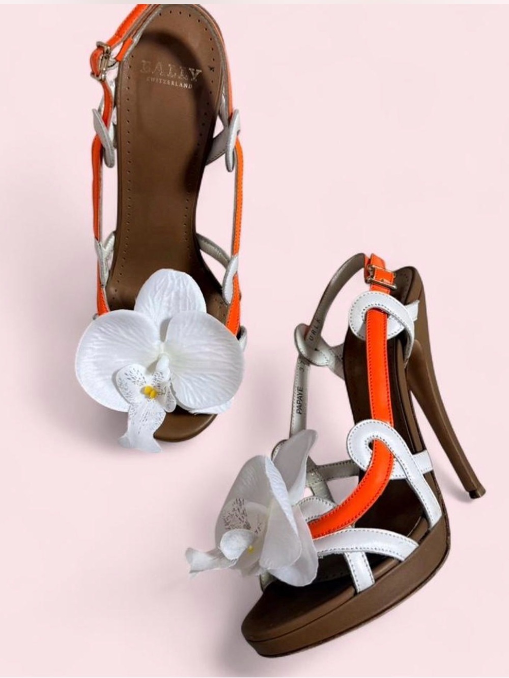Bally orchid flowers slingback shoes sandals sz 6.5 orange white heels $850